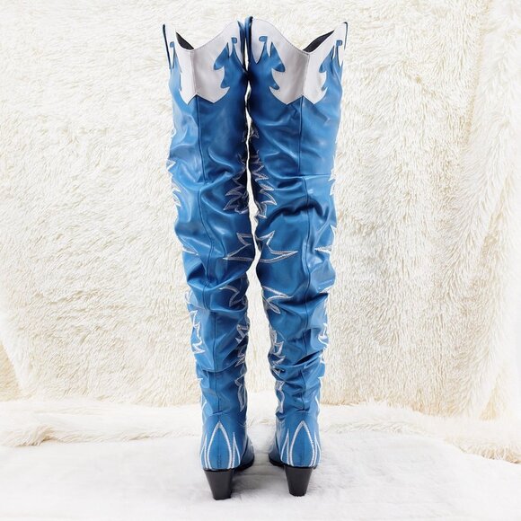 Turquoise Blue Embroidered White Western OTK Thigh High Slouch Cowboy Boots - Picture 11 of 15